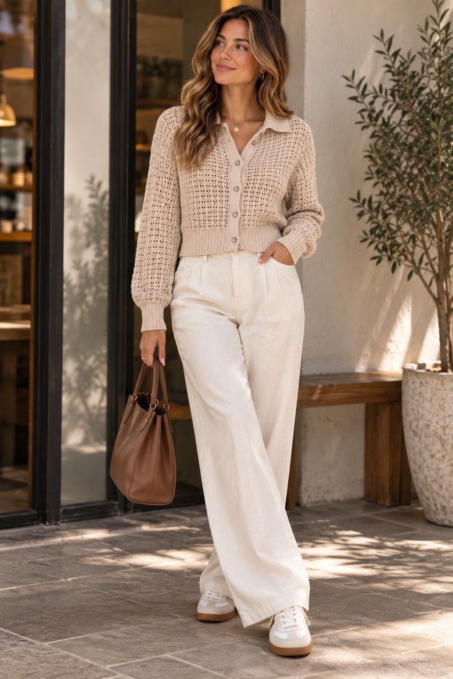 Rachel Zoe Small Cream Polo Collar Open Knit Crochet Style Cardigan Minimalist N